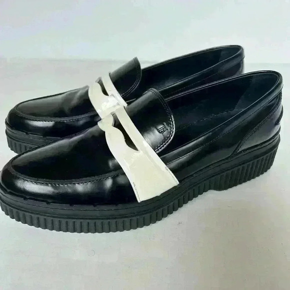 TODS Spazzolato Leather Black Platform White Penny Strap Loafer - Picture 6 of 11